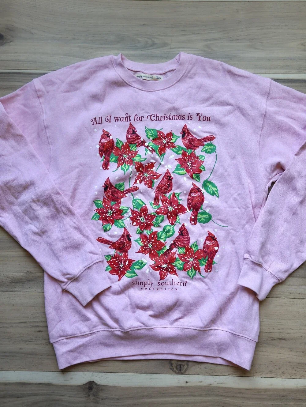 Simply Southern Pink Christmas Sweatshirt Cardinals Poinsettia Sz XS-S